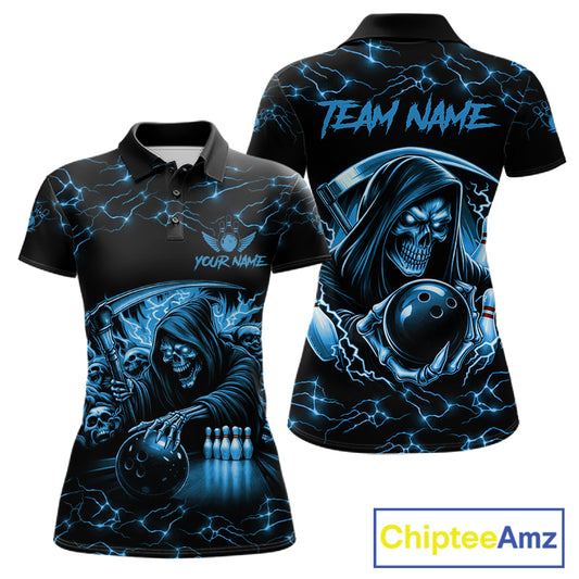 Custom Blue Grim Reaper Lightning Bowling Shirt For Women, Skull Bowling Jersey Team Polo & 1/4 Zip TDM5953