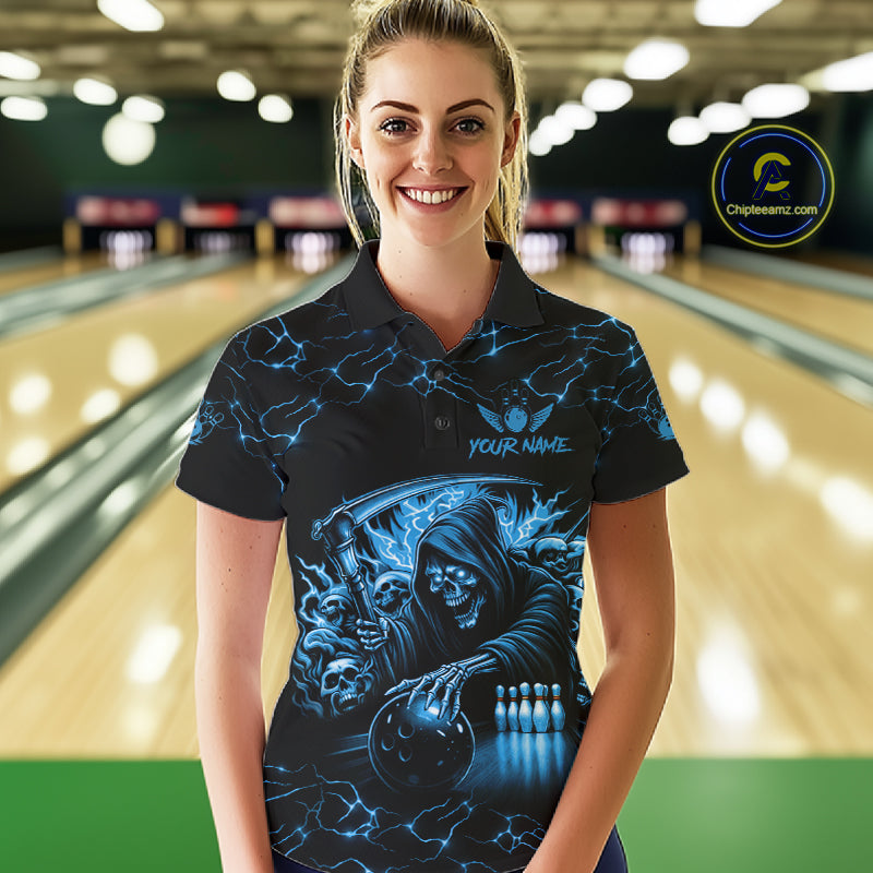 Custom Blue Grim Reaper Lightning Bowling Shirt For Women, Skull Bowling Jersey Team Polo & 1/4 Zip TDM5953