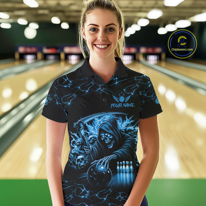 Custom Blue Grim Reaper Lightning Bowling Shirt For Women, Skull Bowling Jersey Team Polo & 1/4 Zip TDM5953