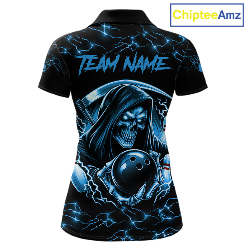 Custom Blue Grim Reaper Lightning Bowling Shirt For Women, Skull Bowling Jersey Team Polo & 1/4 Zip TDM5953