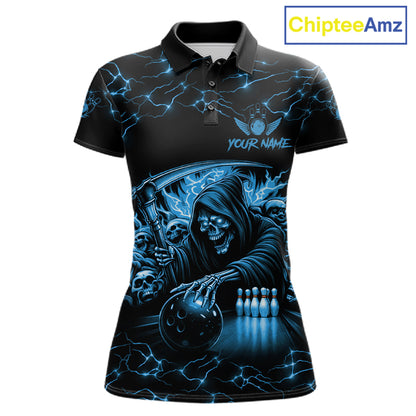Custom Blue Grim Reaper Lightning Bowling Shirt For Women, Skull Bowling Jersey Team Polo & 1/4 Zip TDM5953