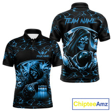 Load image into Gallery viewer, Custom Blue Grim Reaper Lightning Bowling Shirt For Men, Skull Bowling Jersey Team Polo &amp; 1/4 Zip TDM5953