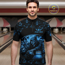 Load image into Gallery viewer, Custom Blue Grim Reaper Lightning Bowling Shirt For Men, Skull Bowling Jersey Team Polo &amp; 1/4 Zip TDM5953