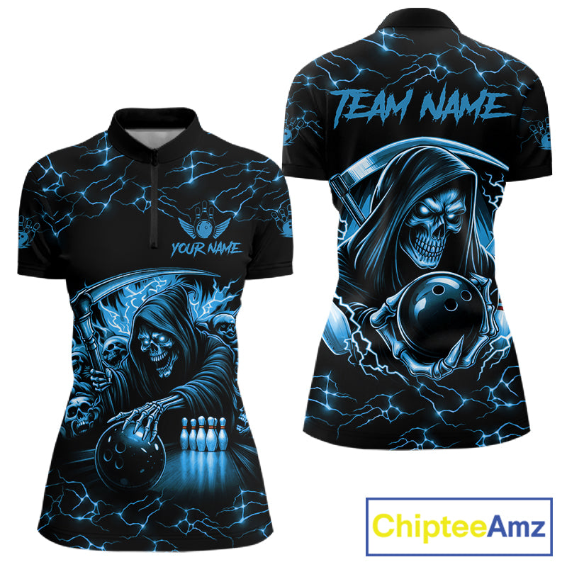 Custom Blue Grim Reaper Lightning Bowling Shirt For Women, Skull Bowling Jersey Team Polo & 1/4 Zip TDM5953