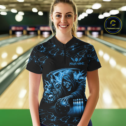 Custom Blue Grim Reaper Lightning Bowling Shirt For Women, Skull Bowling Jersey Team Polo & 1/4 Zip TDM5953