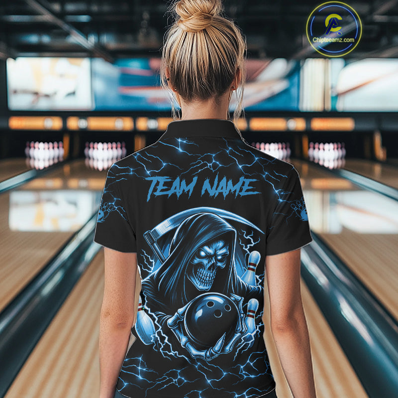 Custom Blue Grim Reaper Lightning Bowling Shirt For Women, Skull Bowling Jersey Team Polo & 1/4 Zip TDM5953