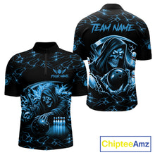 Load image into Gallery viewer, Custom Blue Grim Reaper Lightning Bowling Shirt For Men, Skull Bowling Jersey Team Polo &amp; 1/4 Zip TDM5953