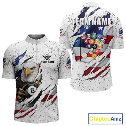 White Grunge US Flag Eagle Billiard Shirt For Men Custom 8 Ball Pool Team Jersey Polo & 1/4 Zip TDM5956