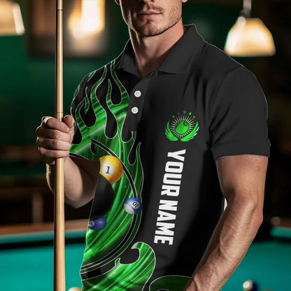 3D Billiard Balls Fire Flame Custom Pool Shirts For Men, Billiard League Team Jerseys | Green TDM3754
