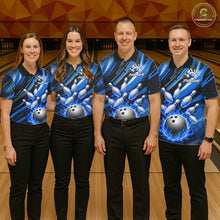 Load image into Gallery viewer, Custom Blue Flaming Silver Bowling Jersey For Men, Bowling League Team Shirts Polo &amp; Quarter Zip TDM6549