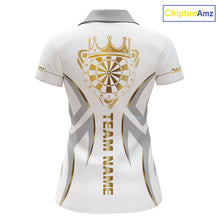 Load image into Gallery viewer, White and gold dartboard crown darts polo shirt for women with custom darts team graphics.