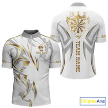 Load image into Gallery viewer, White and gold dartboard crown darts quarter zip shirt for men designed for league tournaments and team events.