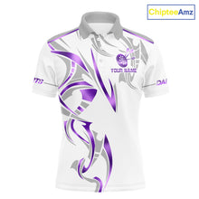 Load image into Gallery viewer, White and purple dartboard crown darts polo shirt for men with custom darts team graphics.