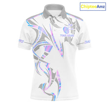 Load image into Gallery viewer, White and holographic dartboard crown darts polo shirt for men with custom darts team graphics.