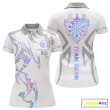 Load image into Gallery viewer, White and holographic dartboard crown darts polo shirt for women with custom darts team graphics.