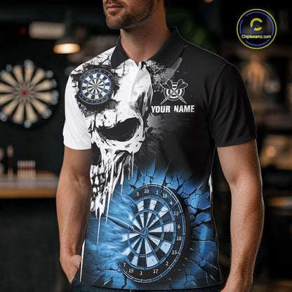 Personalized Grunge Skull Crack Wall Men Dart Shirts Custom Scary Darts League Team Jerseys |Blue TDM2785