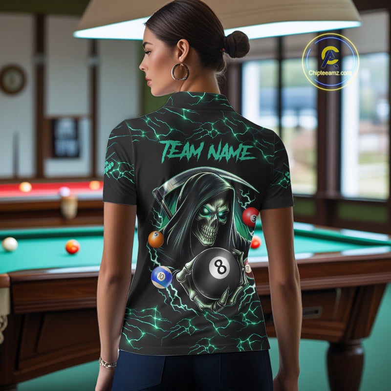 Turquoise Funny Grim Reaper 8 Ball Pool Women Billiard Shirt Custom Lightning Billiard Team Jerseys TDM5239