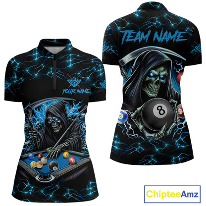 Blue Funny Grim Reaper 8 Ball Pool Women Billiard Shirts Custom Billiard Jersey Team Polo & 1/4 Zip TDM5240