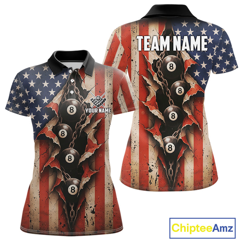 Vintage American Flag Chain 8 Ball Pool Billiard Shirt For Women Custom Patriotic Billiard Jerseys TDM5244