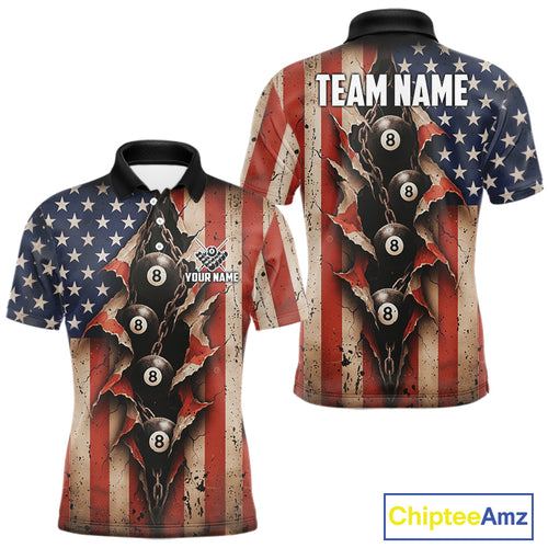 Vintage American Flag Chain 8 Ball Pool Billiard Shirt For Men Custom Patriotic Billiard Jerseys TDM5244