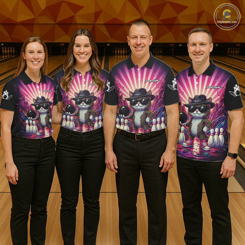 Pink Funny Cat Bowling Jersey For Women Custom Neon Graffiti Bowling Shirt Team Polo & 1/4 Zip TDM5756