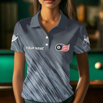 Personalized Funny 8 Ball Wings US Flag Grey Billiard Shirts For Women, Patriotic Billiard Jerseys TDM3603