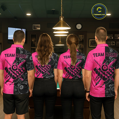 Custom Grunge Pink Black 8 Ball Pool Billiard Shirt For Men, Billiard Team Jersey Polo & 1/4 Zip TDM5960