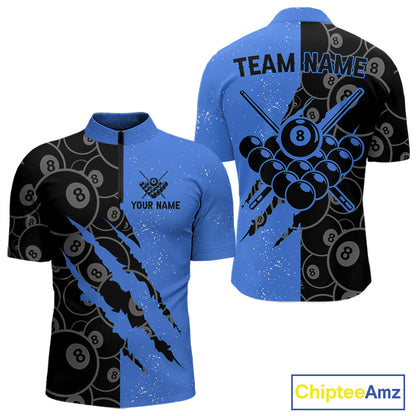 Custom Grunge Black And Blue 8 Ball Billiard Shirt For Men, Pool Team Jersey Polo & 1/4 Zip TDM5962