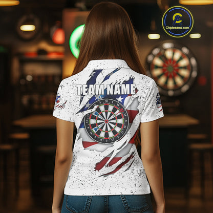 White Grunge US Flag Darts Shirt With Pocket For Women Custom Darts Jersey TDM3211