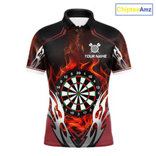 Load image into Gallery viewer, Red flaming silver darts polo shirt for men with custom darts team graphics.