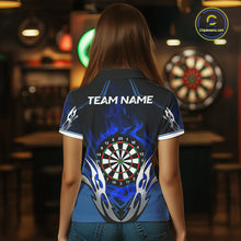 Load image into Gallery viewer, Back view of woman wearing a blue flaming silver darts shirt.
