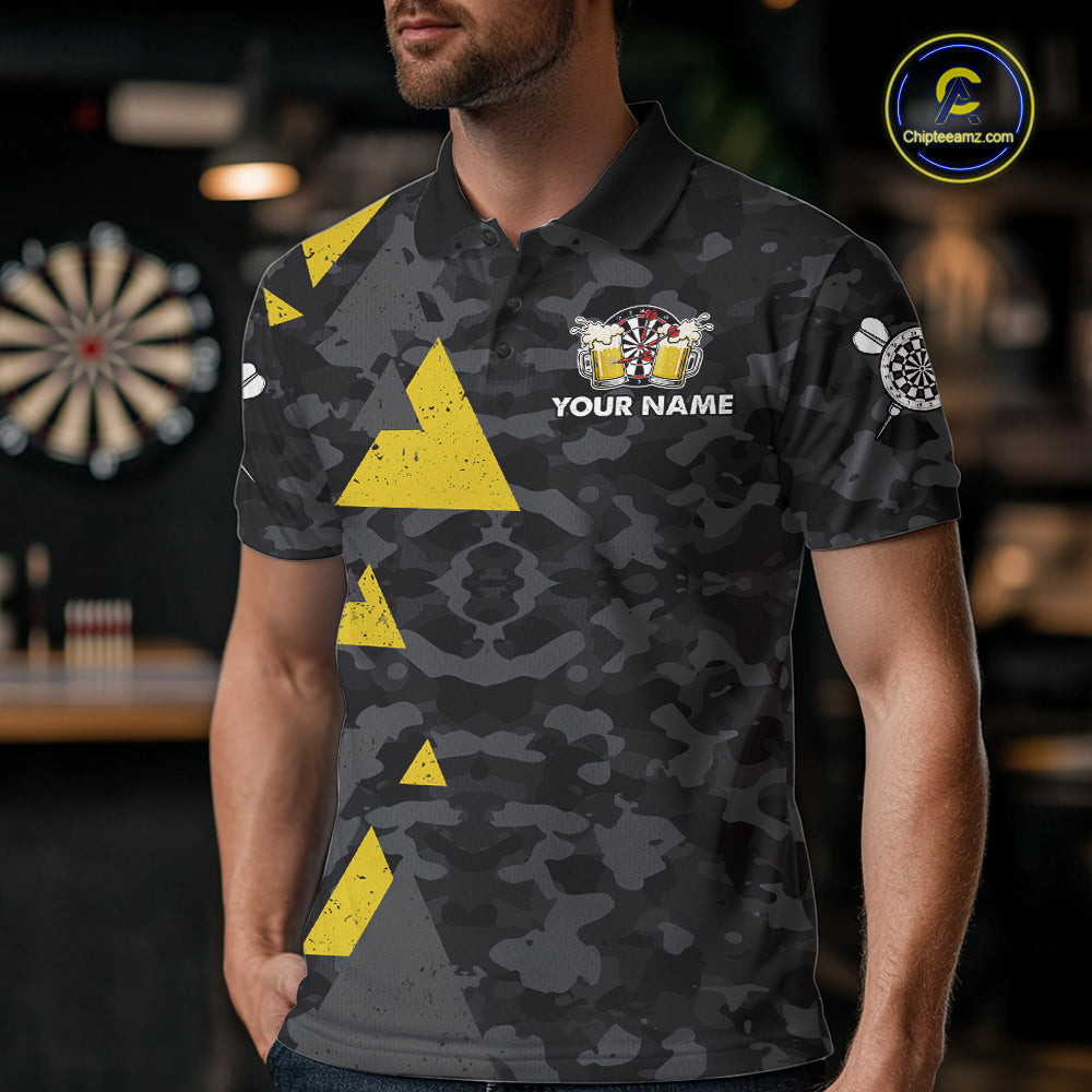 Man wearing a darts and beer aim for fun drink for cheers darts jersey front view.
