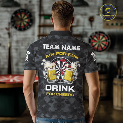 Back view of man wearing a darts and beer aim for fun drink for cheers darts shirt.