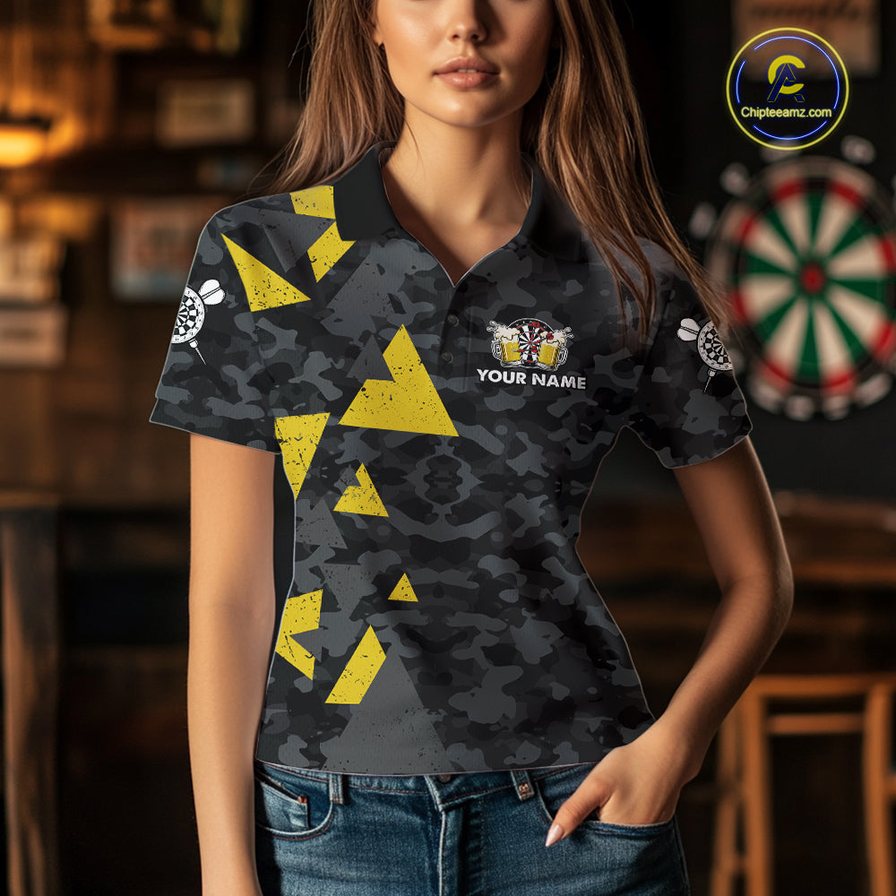 Woman wearing a darts and beer aim for fun drink for cheers darts jersey front view.