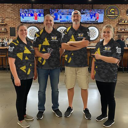 Darts team wearing matching darts and beer darts jerseys during league competition front view.