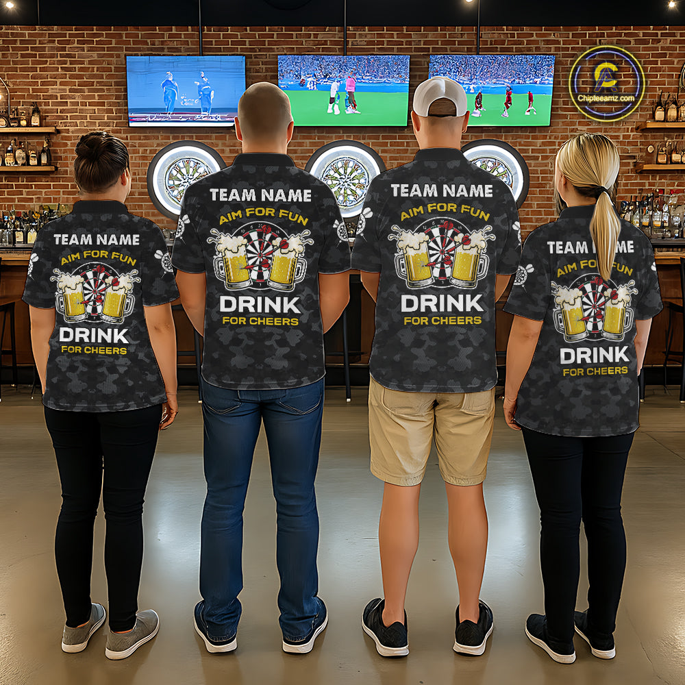 Back view of darts players wearing matching darts and beer darts shirts.
