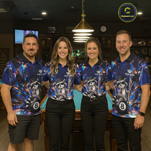 Load image into Gallery viewer, Pool team wearing matching funny raccoon crystal 8 ball billiard jerseys during tournament competition front view.
