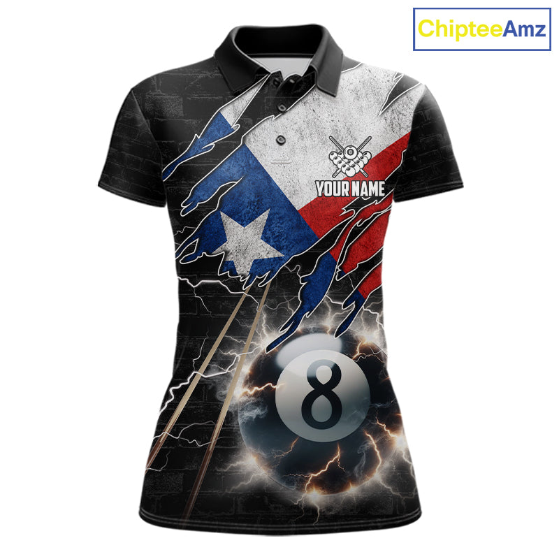 American Flag Lightning 8 Ball Billiard Pool Polo Shirt Featuring a Patriotic Custom Design for Pool League Players, Team Matches, and Tournament Competition