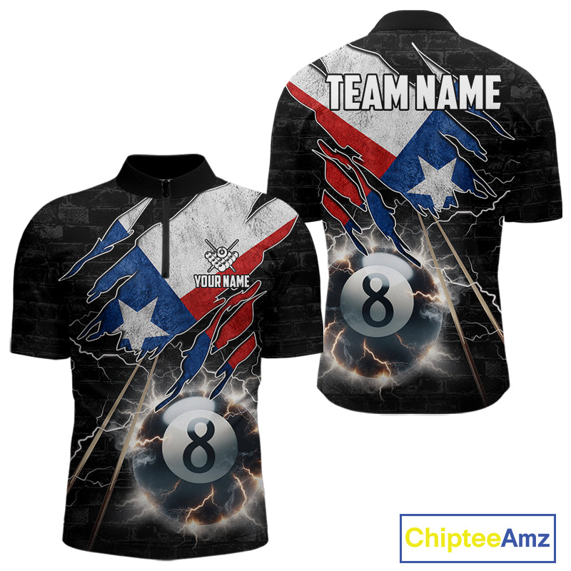 Texas Flag Lightning 8 Ball Quarter Zip Billiard Shirt Created for Pool League Teams with Custom Patriotic Artwork and Performance Fabric