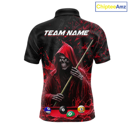 Custom Red Grim Reaper 8 Ball 9 Ball Pool Polo Shirt Designed for Personalized Billiard League Team Jerseys and Tournament Play