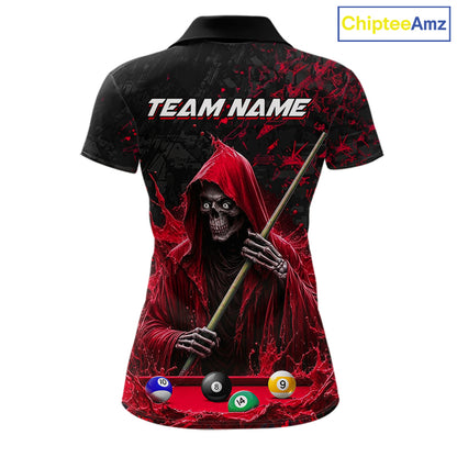 Custom Red Grim Reaper 8 Ball 9 Ball Pool Polo Shirt Designed for Personalized Billiard Team Jerseys with Premium Athletic League Style