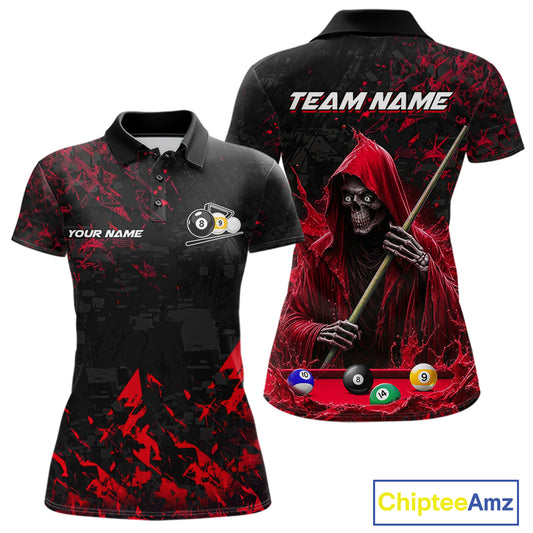 Personalized Red Grim Reaper 8 Ball 9 Ball Billiard League Polo Shirt Featuring a Bold Custom Design for Pool League Players and Tournament Competition