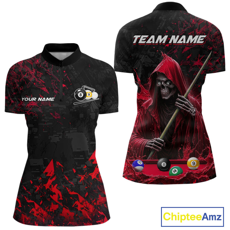 Personalized Red Grim Reaper 8 Ball 9 Ball Quarter Zip Billiard Shirt Created for Pool League Teams with Custom Performance Jersey Design