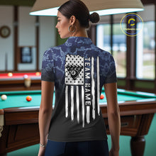 Load image into Gallery viewer, Black And Blue Camo American Flag 8 Ball Billiard Shirt For Women Custom Patriotic Pool Team Jersey TDM5037