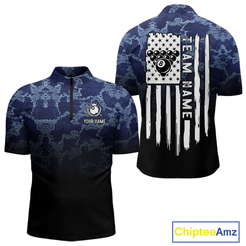 Black And Blue Camo American Flag 8 Ball Billiard Shirt For Men Custom Patriotic Pool Team Jersey TDM5037