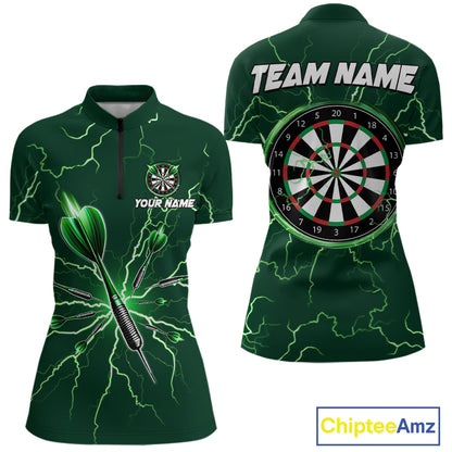 Green Darts Thunder Lightning 3D Dart Polo & Quarter Zip Custom Dart Shirts For Women Dart Jersey TDM3033