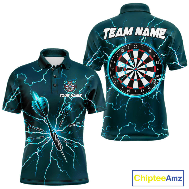 Turquoise Darts Thunder Lightning 3D Dart Polo & Quarter Zip Custom Dart Shirts For Men Dart Jersey TDM3032