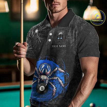 Personalized Grunge Spider Web 8 Ball Pool Billiard Shirt For Men, Billiard Team Jerseys |Blue TDM5518
