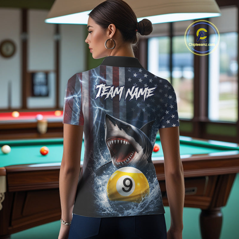 American Flag Shark 8 Ball & 9 Ball Billiard Shirt For Women Custom Lightning Patriotic Pool Jersey TDM5770