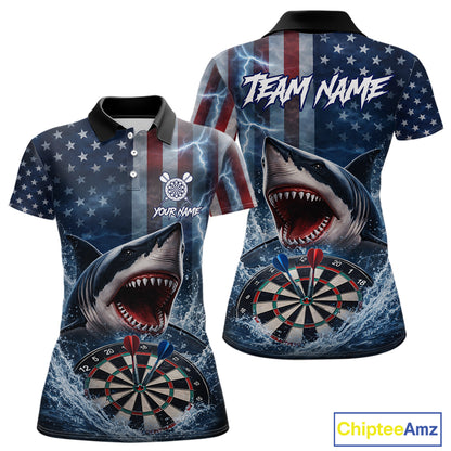 American Flag Shark Darts Shirt For Women Custom Lightning Patriotic Dart Jersey Team Polo & 1/4 Zip TDM5771